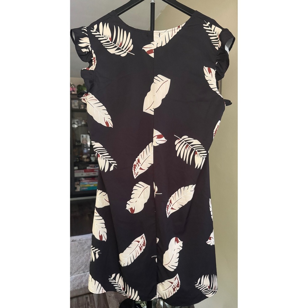 Title: Noracora Leaf Print Ruffle Sleeve Dress XXL Black Cream MSRP $49 - Picture 2 of 6